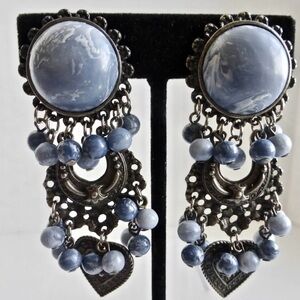Vintage Denim Blues and Pewter Metal Fanciful Drop Earrings, Clip Backs